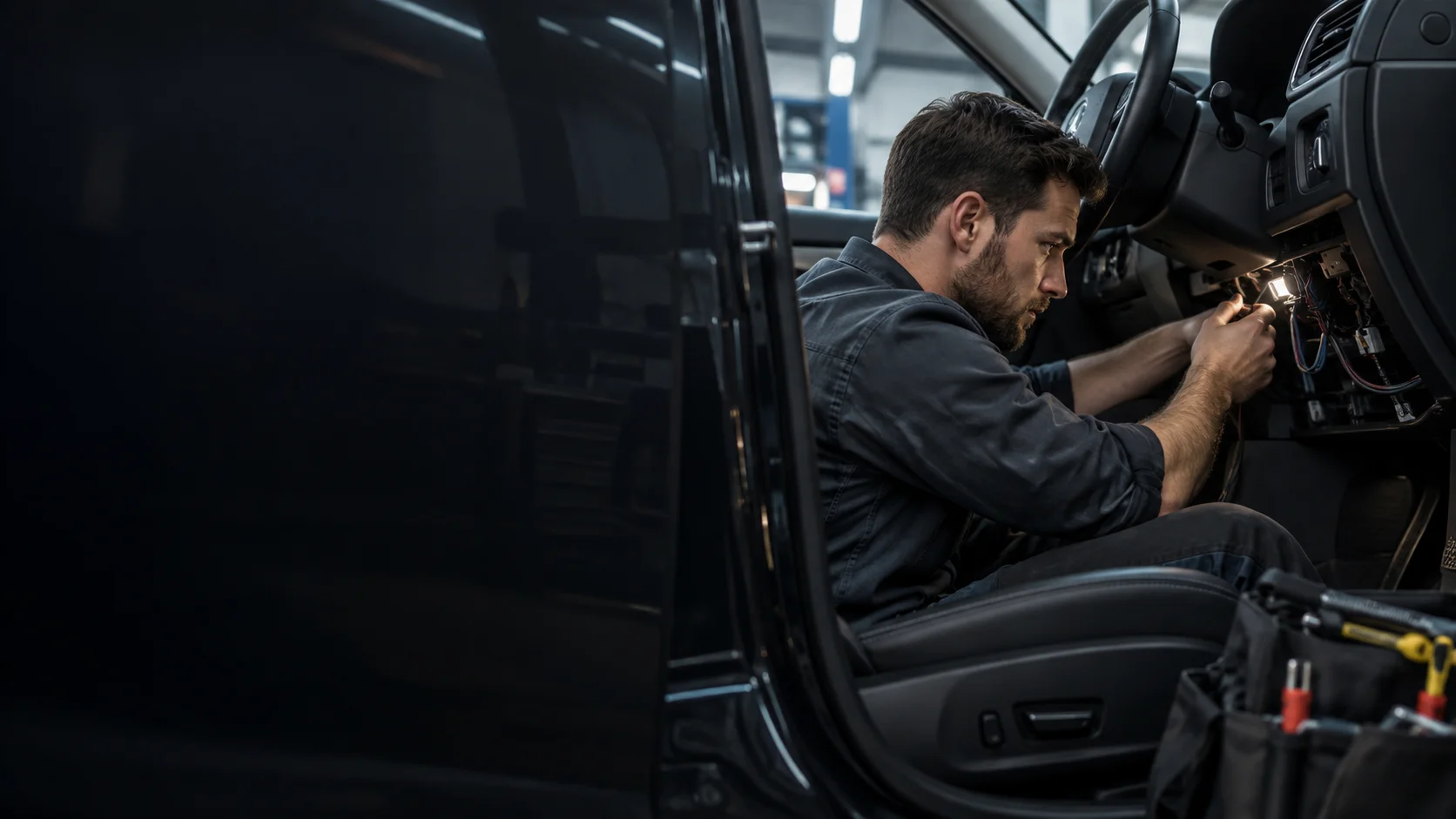 Illustration of a technician working on vehicle electronics