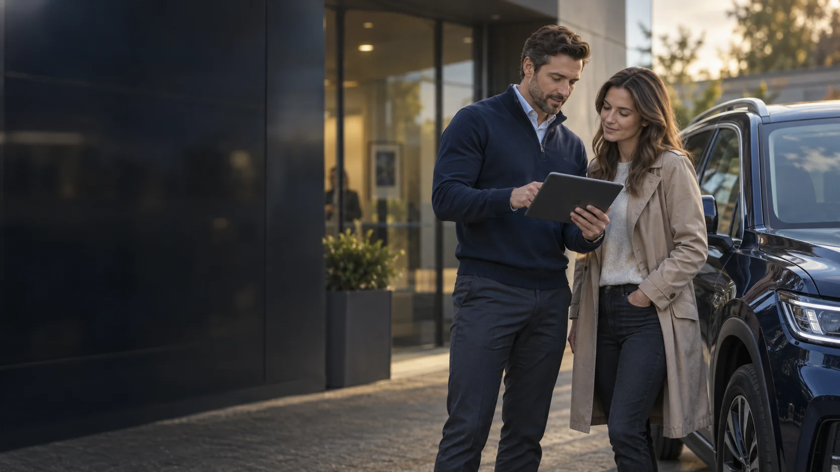 Illustration of an adviser and vehicle owner reviewing a tablet