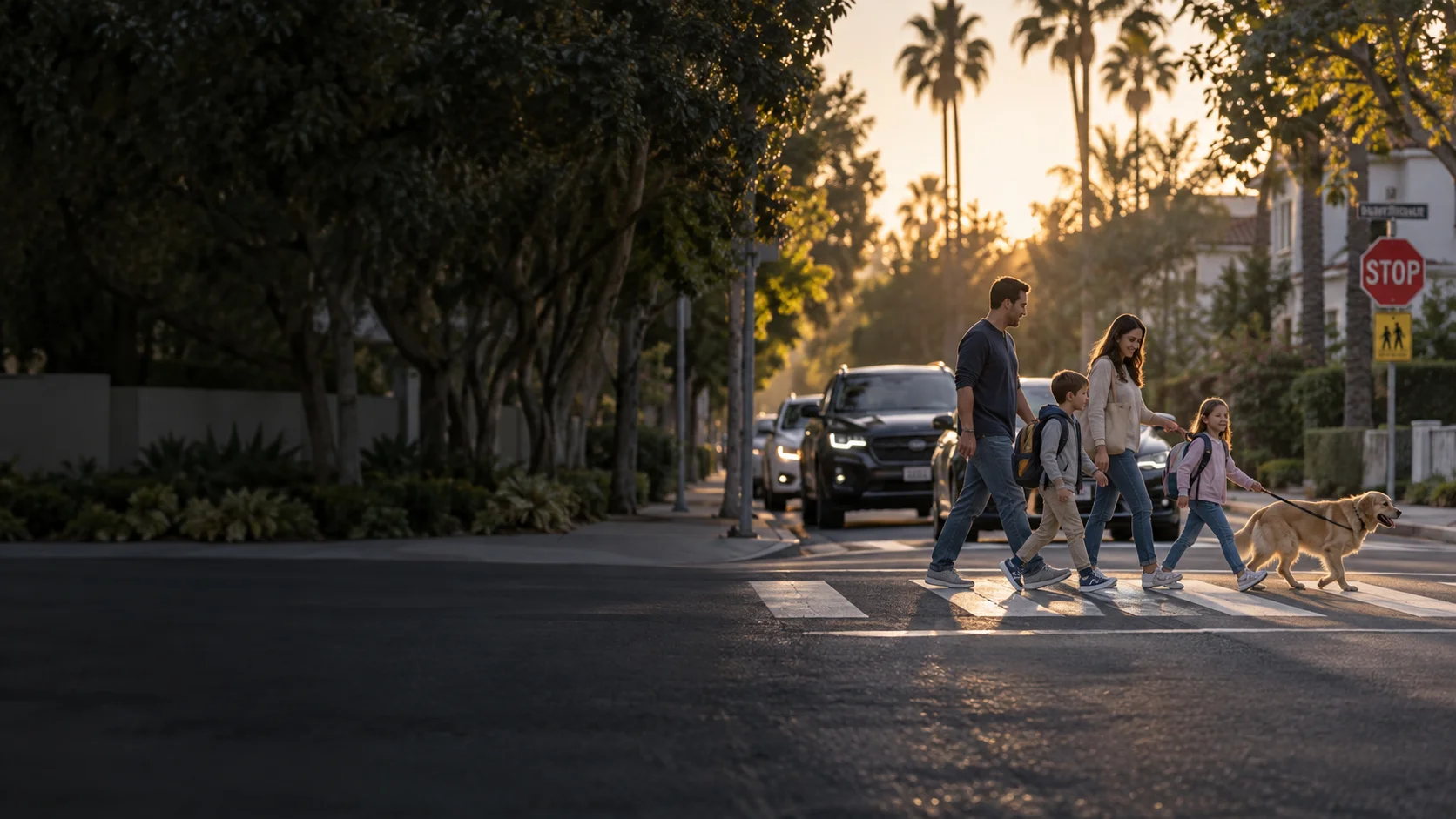 Illustration of a family crossing a neighborhood street