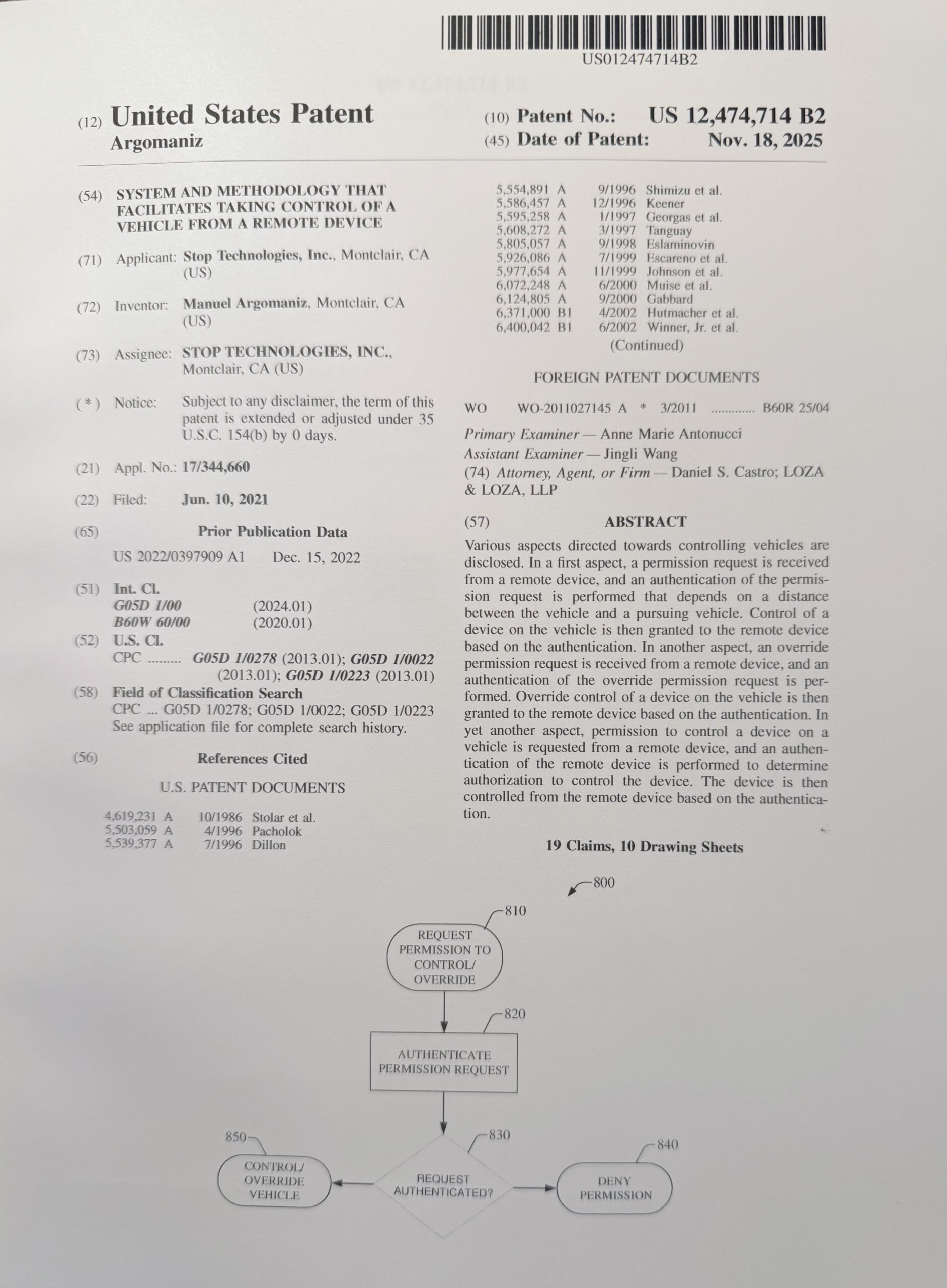 Actual patent cover: US 12,474,714 B2, issued November 18, 2025, naming Manuel Argomaniz and Stop Technologies, Inc.